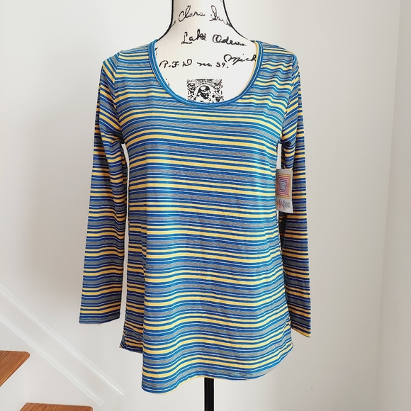 NWT LulaRoe Lynnae Blue Yellow Striped Tunic Top Long Sleeve S - Picture 1 of 7